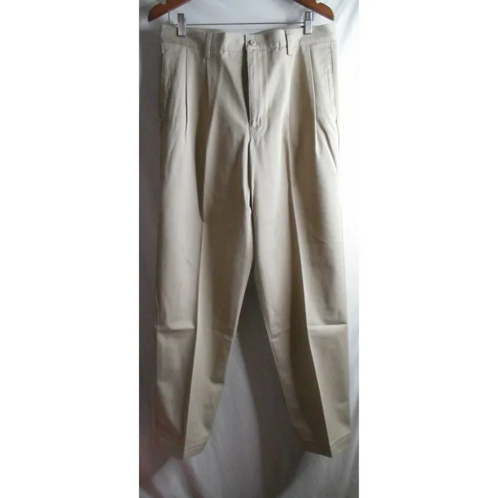 Vintage Eddie Bauer Sz 33W darker beige Pleated front 100% cotton chino pants - Picture 1 of 6